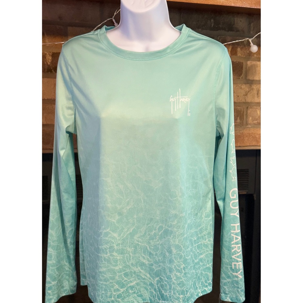 Guy Harvey Womens Medium Performance Shirt Long Sleeve Blue Water Print Fishing